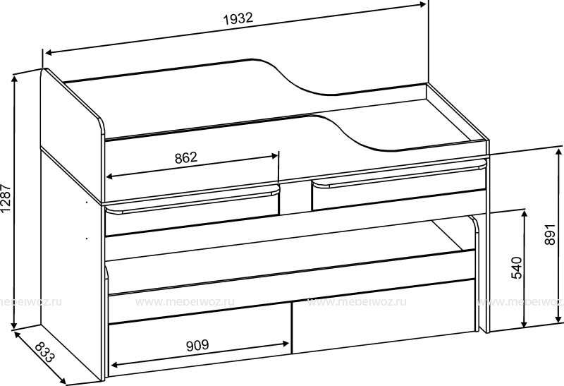 Односпальная двухъярусная кровать размеры